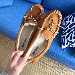 Minnetonka Tan Moccasins with Plush Lining
